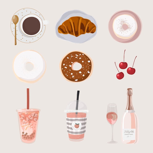 Vettore gratuito simpatico adesivo da dessert, illustrazione femminile in set vettoriale rosa