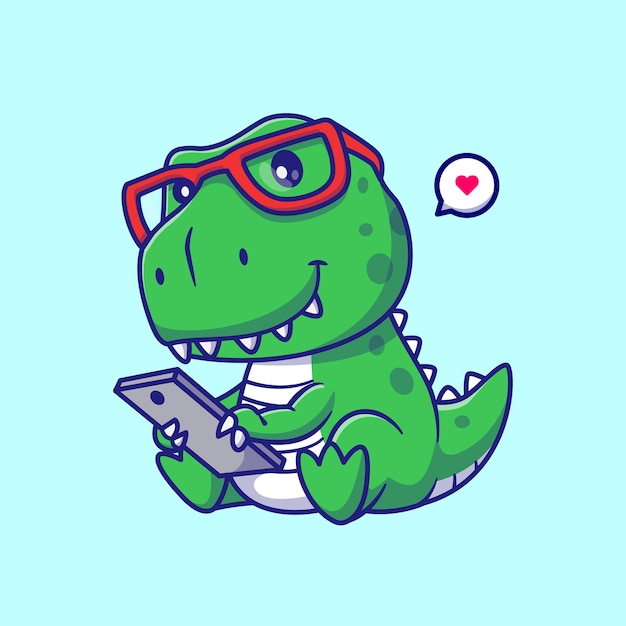 Cute Dino Baby Playing Phone Cartoon Vector Icon Illustration Animal Technology Icon Isolated Flat