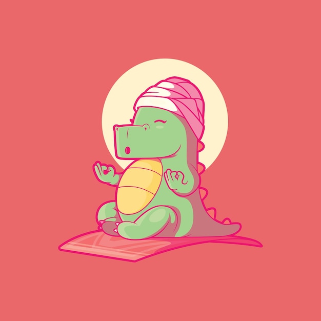 Free vector cute dino character meditating vector illustration inspiration motivation meditation design concept