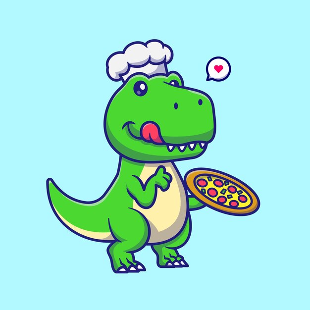 귀여운 디노 요리사 요리 피자 만화 벡터 아이콘 일러스트 절연 동물 음식 아이콘 개념
