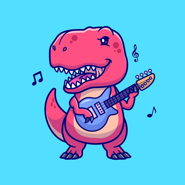 Cute Dino T-Rex Playing Guitar Music Cartoon Vector Icon Illustration. Animal Music Icon Isolated