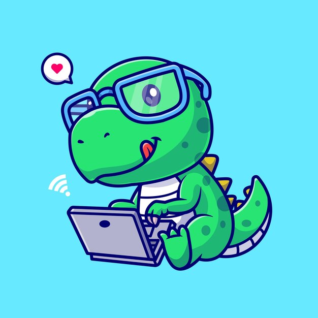 Cute Dino Working On Laptop Cartoon Vector Icon Illustration Animal Technology Icon Isolated