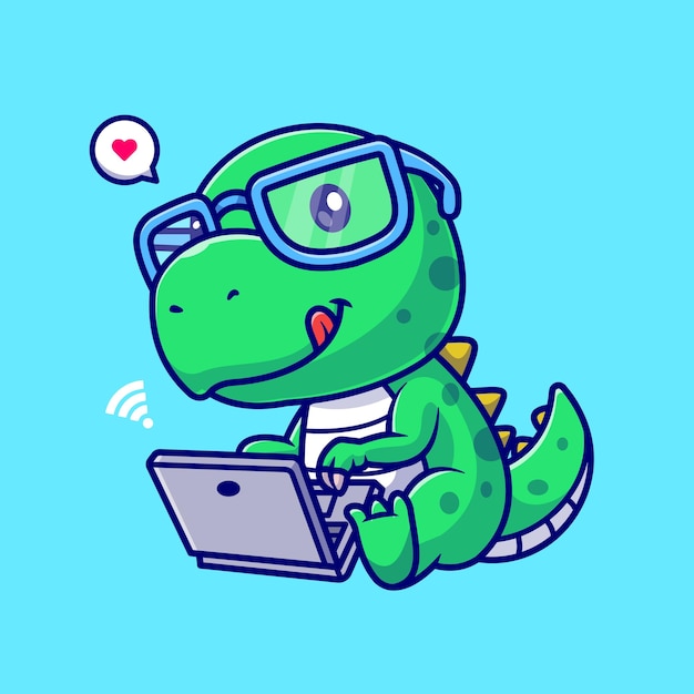 Cute Dino Working On Laptop Cartoon Vector Icon Illustration Animal Technology Icon Isolated