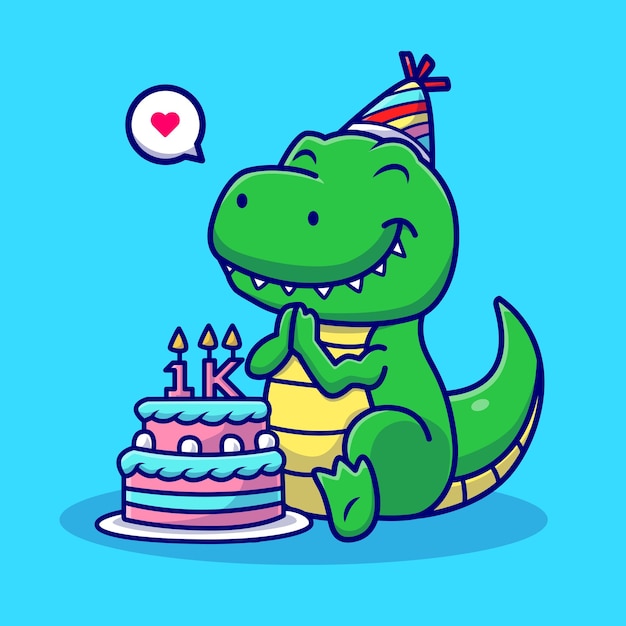 Cute Dinosaur Celebrate Birthday Party Cartoon Vector Icon Illustration Animal Food Icon Isolated