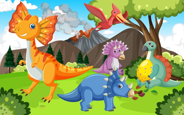 Cute dinosaur group in forest