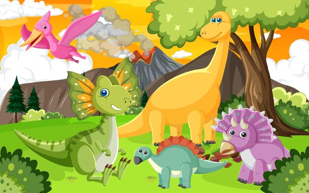 숲에서 귀여운 공룡 그룹