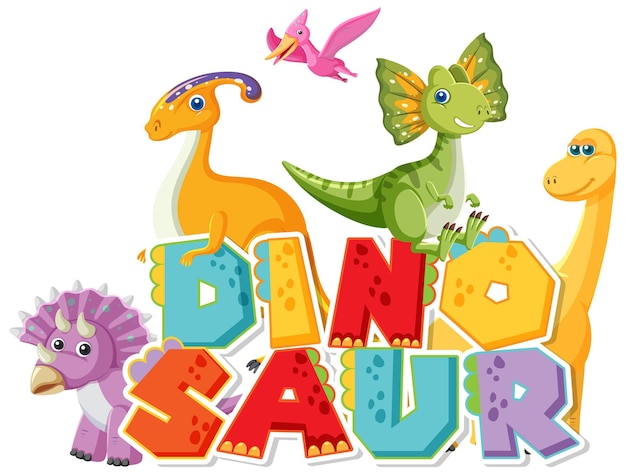 Simpatico gruppo di dinosauri con logo di dinosauri