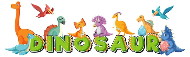 恐竜の単語のロゴとかわいい恐竜グループ