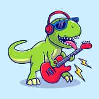 Free vector cute dinosaur playing guitar music cartoon vector icon illustration animal technology icon isolated