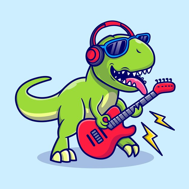 Cute Dinosaur Playing Guitar Music Cartoon Vector Icon Illustration Animal Technology Icon Isolated