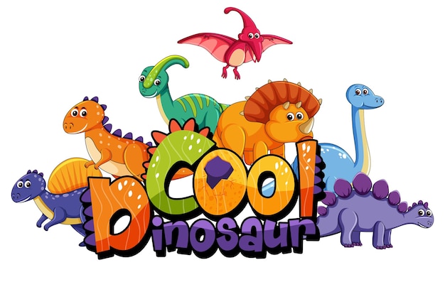 Simpatico personaggio dei cartoni animati di dinosauri con un fantastico banner di caratteri di dinosauro