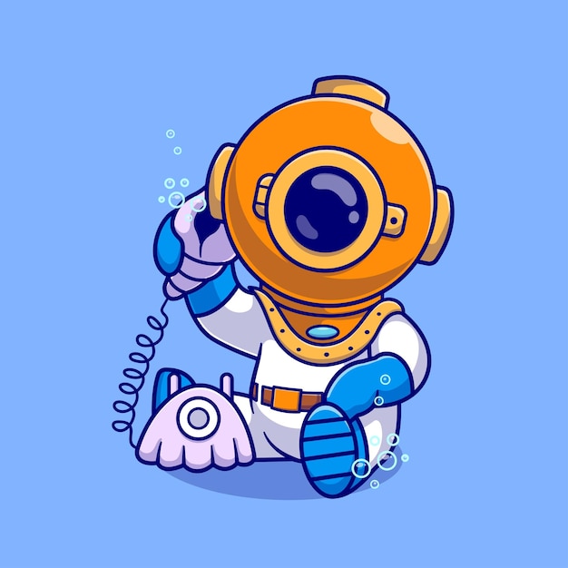 Free vector cute diver calling with shell phone cartoon vector icon illustration science technology isolated
