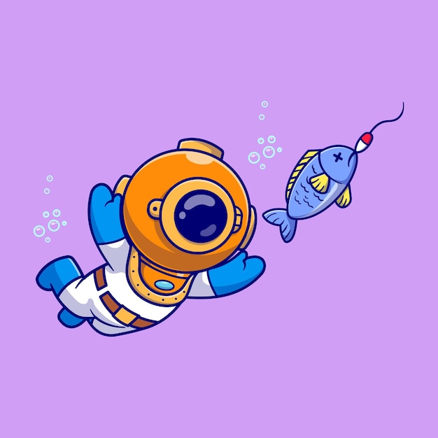 Cute Diver Catching Fish Cartoon Vector Icon Illustration. Science Nature Icon Concept Isolated Flat
