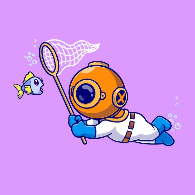 Cute Diver Catching Fish With Fishing Net Cartoon Vector Icon Illustration. Science Animal Isolated