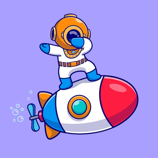 Cute Diver Dabbing On Submarine In Ocean Cartoon Vector Icon Illustration. Science Transportation