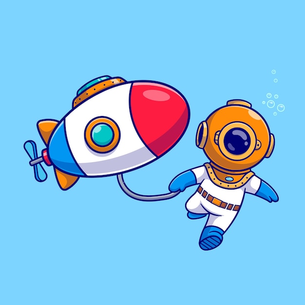 Cute Diver Diving With Submarine In Ocean Cartoon Vector Icon Illustration. Science Transportation