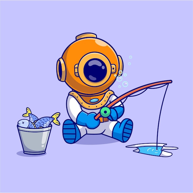 cute diver fishing fish cartoon vector icon illustration science animal icon isolated flat vector