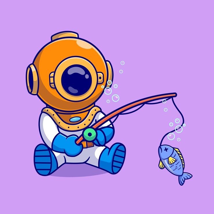 Free Vector cute diver fishing fish in ocean cartoon vector icon illustration. science animal icon isolated