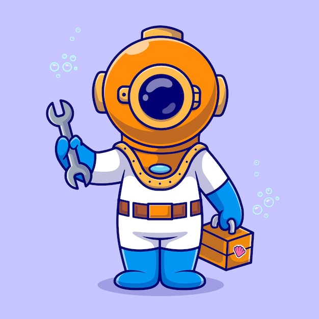 Free vector cute diver handy man holding wrench and tool box cartoon vector icon illustration. science nature