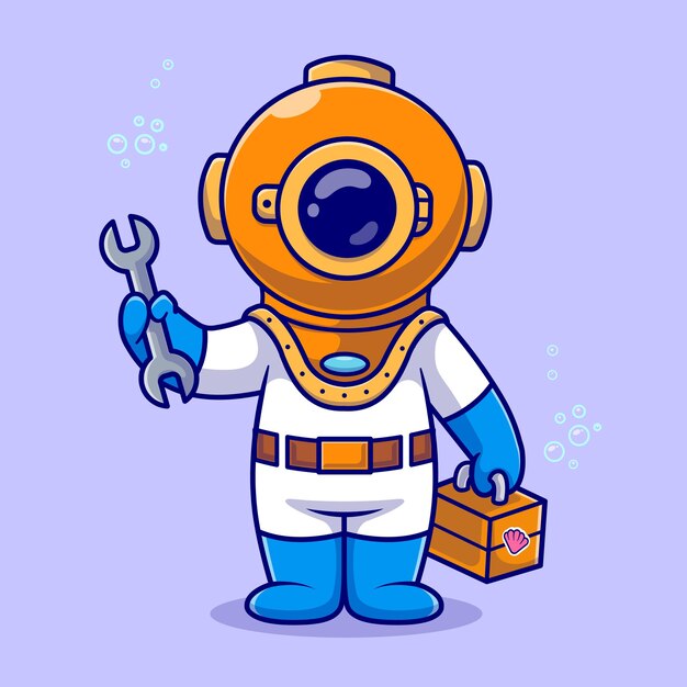 Cute Diver Handy Man Holding Wrench And Tool Box Cartoon Vector Icon Illustration. Science Nature