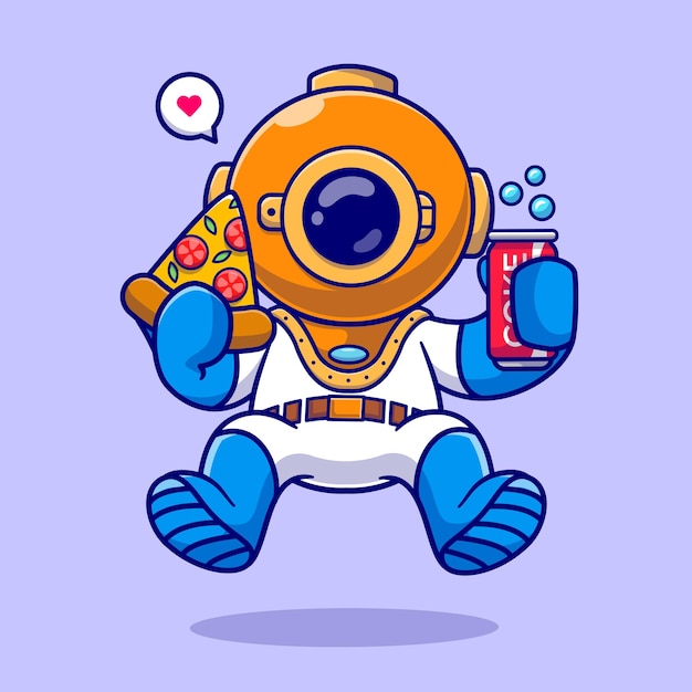 Cute Diver Holding Pizza And Soda Cartoon Vector Icon Illustration. Science Food Icon Isolated