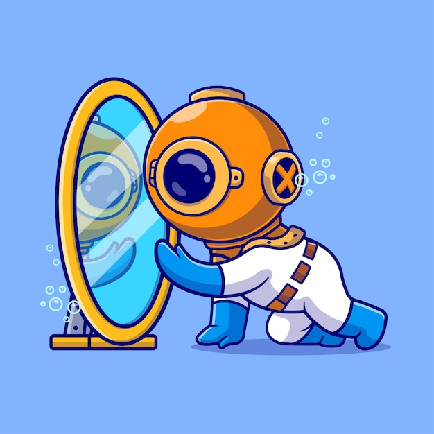 Cute diver look at mirror cartoon vector icon illustration science object icon isolated flat vector