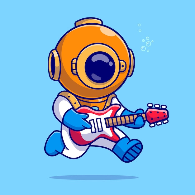 Cute Diver Playing Guitar Cartoon Vector Icon Illustration. Science Music Icon Concept Isolated Flat