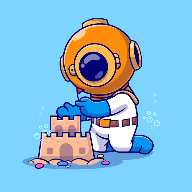 Free vector cute diver playing sand castle cartoon vector icon illustration. science nature icon isolated flat