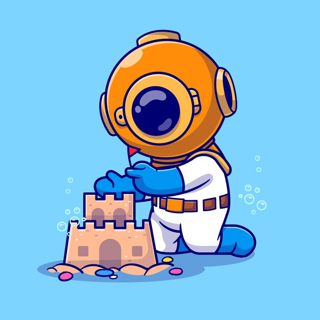 Cute Diver Playing Sand Castle Cartoon Vector Icon Illustration. Science Nature Icon Isolated Flat