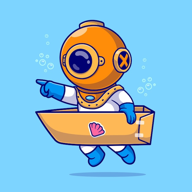 Cute Diver Playing With Cardboard Boat In Ocean Cartoon Vector Icon Illustration. Science Nature