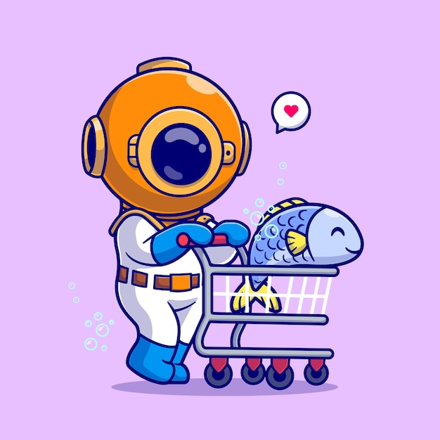 Cute Diver Put Fish On Trolley Cartoon Vector Icon Illustration. Science Animal Icon Isolated