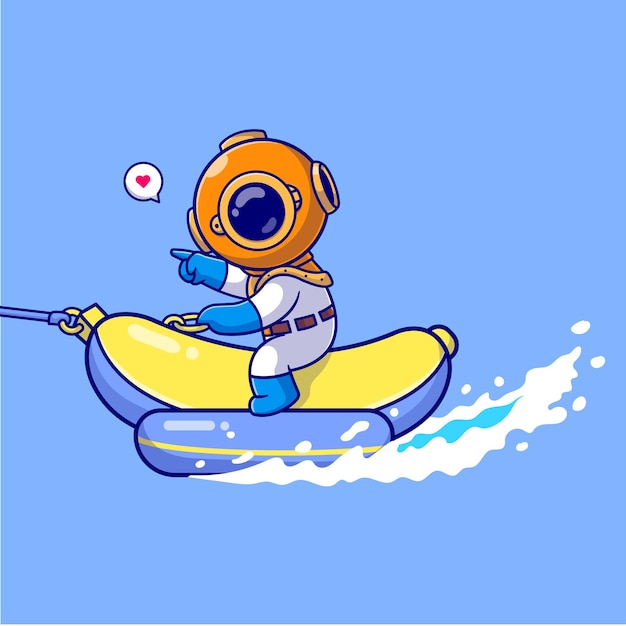 海でバナナ ボートに乗ってかわいいダイバー漫画ベクトル アイコン イラスト科学スポーツ分離フラット