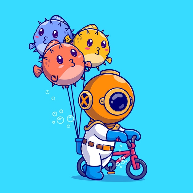 Cute Diver Riding Bike With Puffer Fish Balloon In Ocean Cartoon Vector Icon Illustration. Science