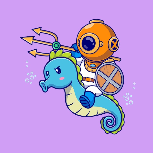 Cute diver riding seahorse with trident and shield cartoon vector icon illustration science animal