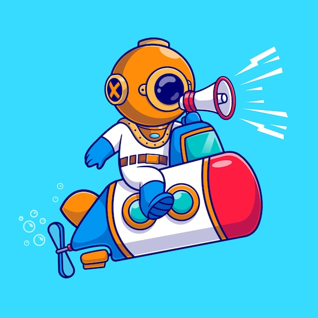Free vector cute diver riding submarine in ocean and speaking on megaphone cartoon vector icon illustration