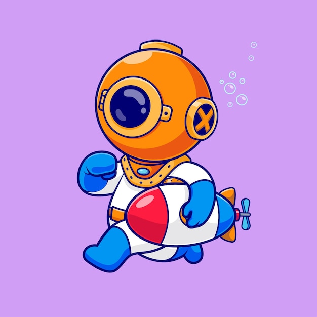 Vettore gratuito simpatico subacqueo che corre con l'illustrazione dell'icona del vettore dei cartoni animati giocattolo sottomarino tecnologia della scienza isolata
