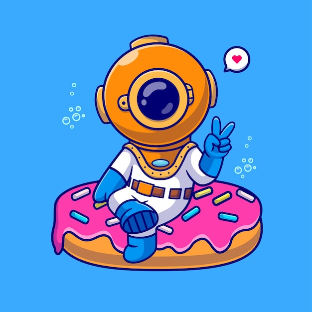 Vettore gratuito simpatico subacqueo seduto su ciambella cartoon vector icon illustration concetto di icona cibo scienza isolato