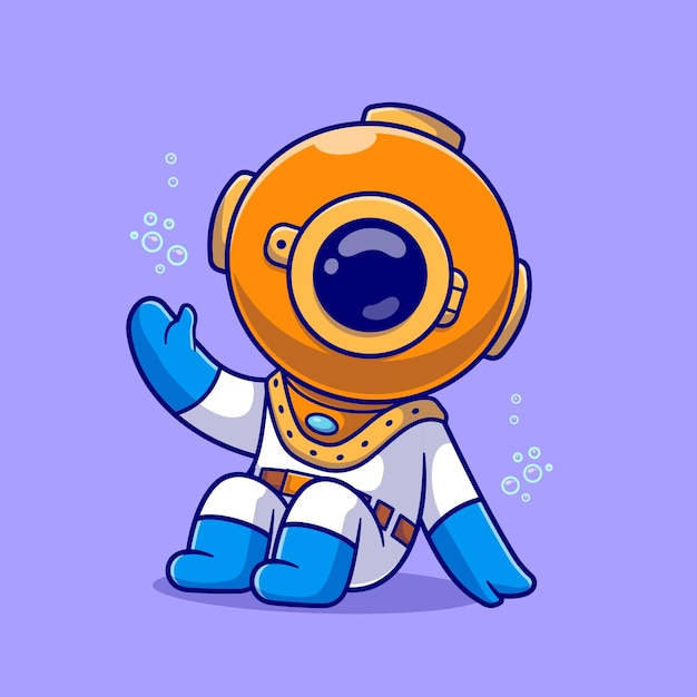 Cute Diver Sitting And Waving Hand In Ocean Cartoon Vector Icon Illustration. Science Nature Icon