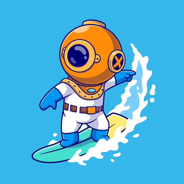 Cute Diver Surfing On Ocean Cartoon Vector Icon Illustration. Science Sport Icon Concept Isolated
