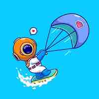 Free vector cute diver surfing with parachute cartoon vector icon illustration science sport isolated flat