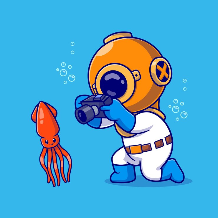 무료 Vector 카메라로 오징어를 찍는 귀여운 다이버 만화 터 아이콘 일러스트 과학 동물 고립