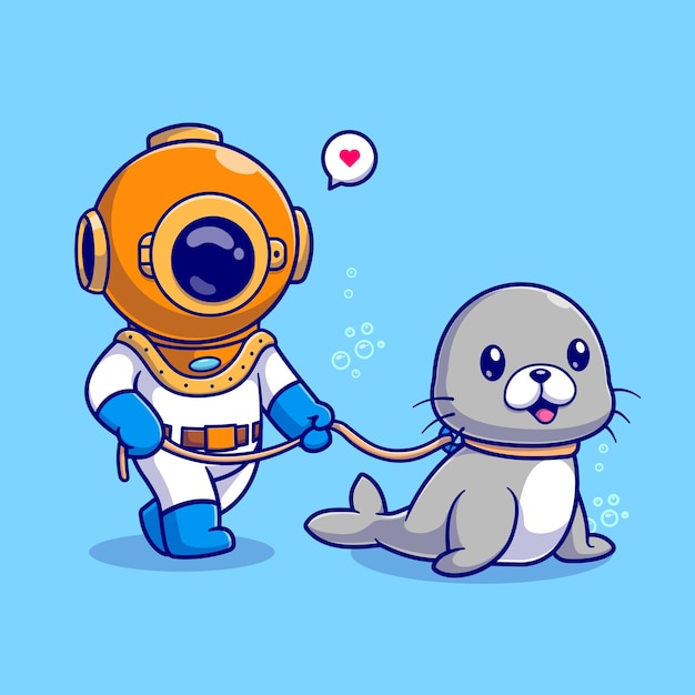 Free vector cute diver walking with seals cartoon vector icon illustration. science animal icon concept isolated