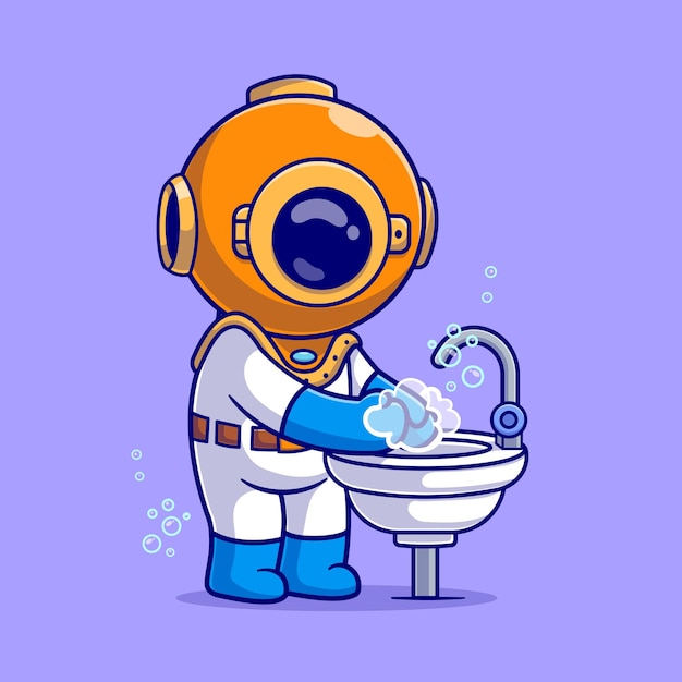 Cute Diver Washing Hands On Wastafel Cartoon Vector Icon Illustration. Science Healthy Isolated