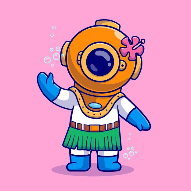 Cute Diver Wearing Hawaii Costume Cartoon Vector Icon Illustration. Science Holiday Icon Isolated