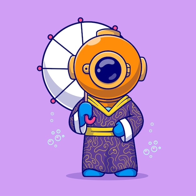 Free vector cute diver wearing kimono costume with umbrella cartoon vector icon illustration science fashion