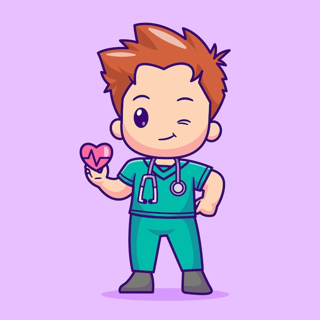 Free vector cute doctor holding love heart with stethoscope cartoon vector icon illustration. people health icon