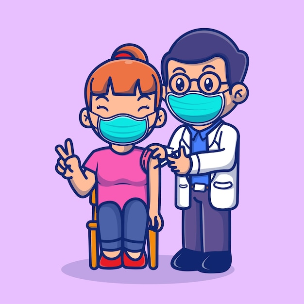 Cute Doctor Injecting Female Patient Cartoon Vector Icon Illustration People Healthcare Isolated
