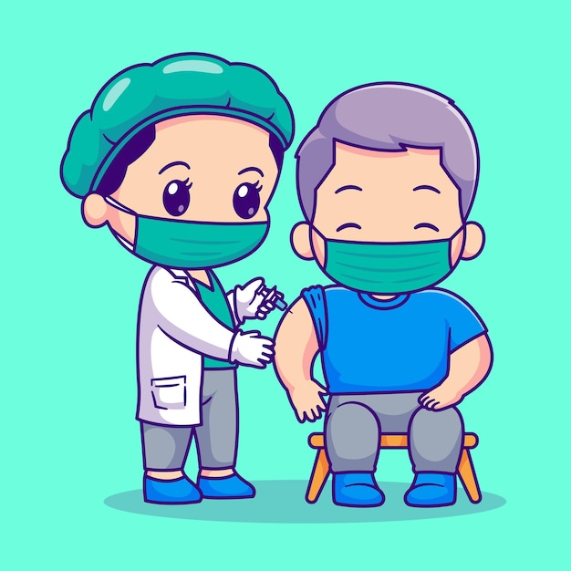Симпатичный доктор, вводящий пациенту карикатурную векторную икону. Икона здравоохранения людей изолирована плоской