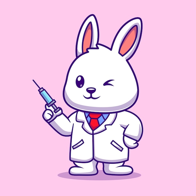 Cute Doctor Rabbit Holding Injection Cartoon Vector Icon Illustration Animal Healthcare Isolated