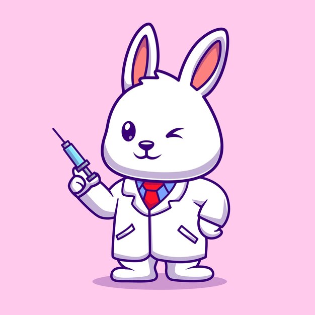 Cute Doctor Rabbit Holding Injection Cartoon Vector Icon Illustration Animal Healthcare Isolated